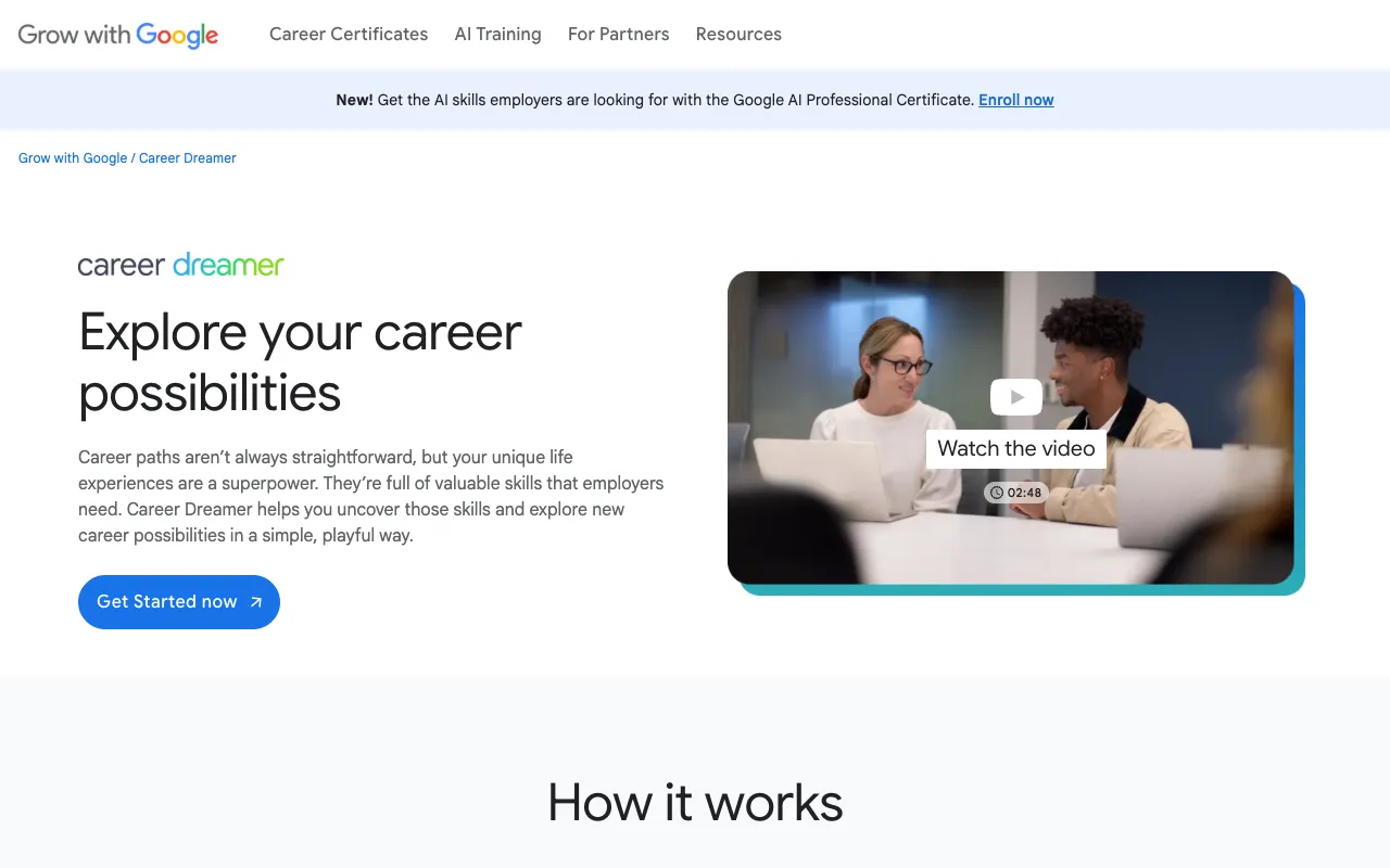 Screenshot of Google Career Dreamer