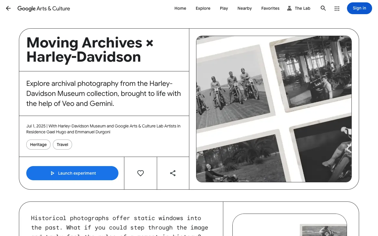 Screenshot of Google Moving Archives x Harley-Davidson