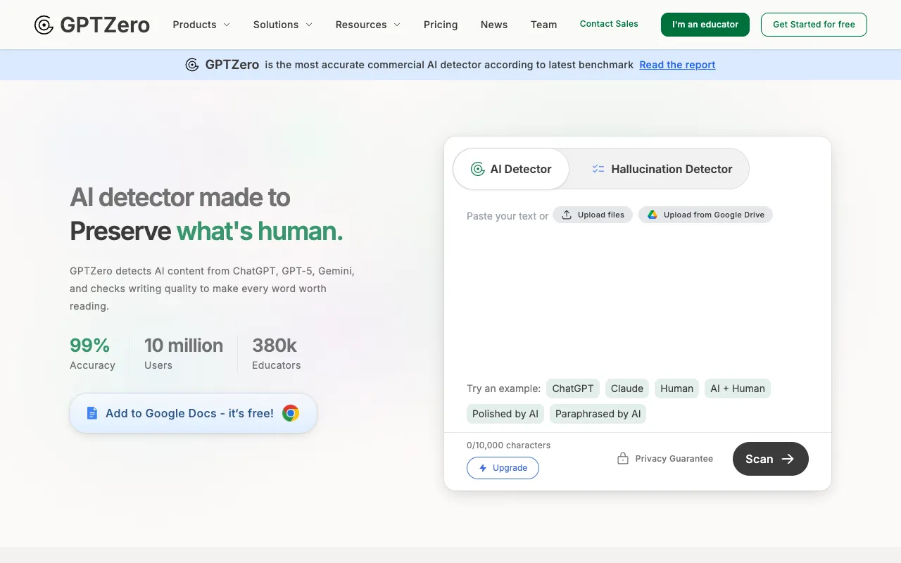 Screenshot of GPTZero