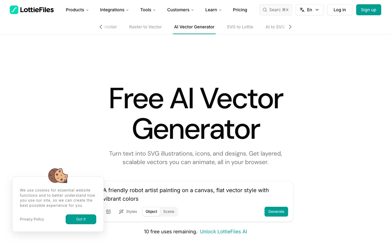 Screenshot of LottieFiles Vector Generator