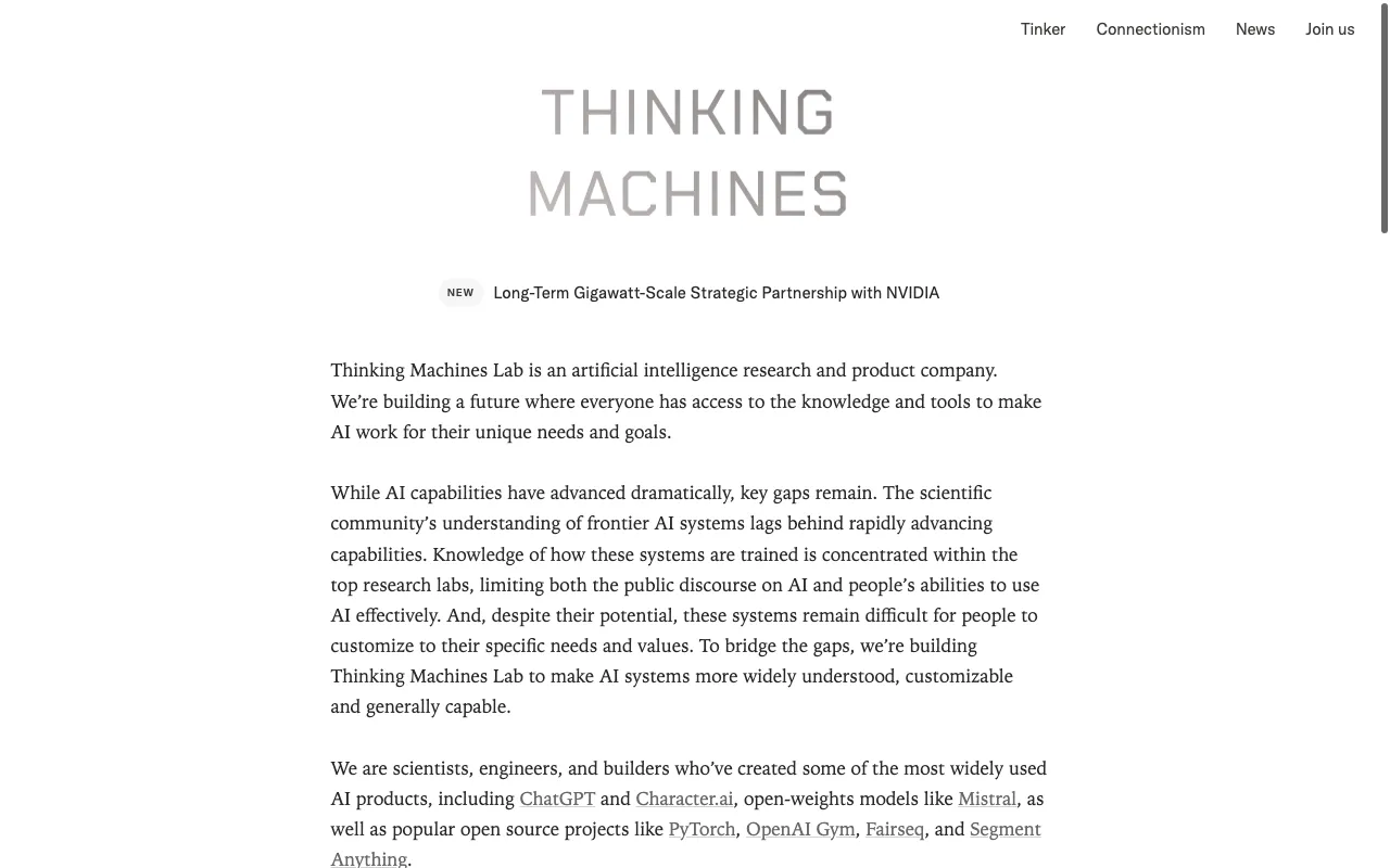 Screenshot of Thinking Machine Lab