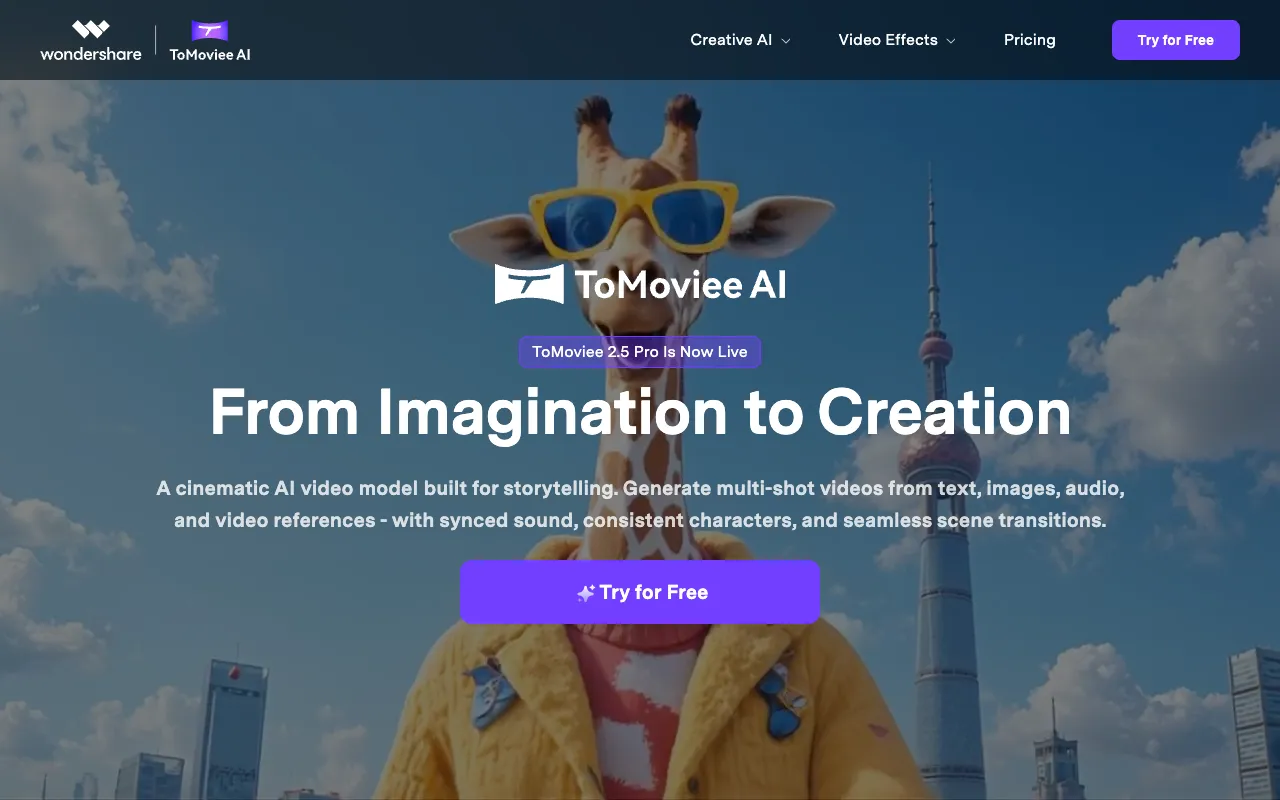 Screenshot of ToMoviee AI